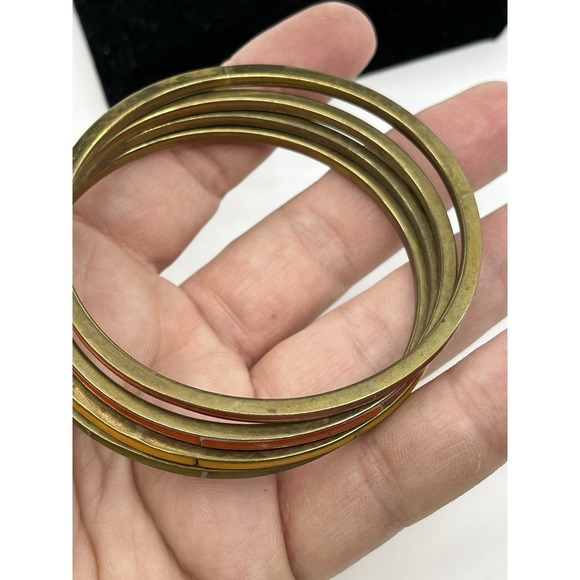 Vintage Inlay Bakelite Bangle Bracelet Brass Set Of 4 3" Width - Picture 5 of 6